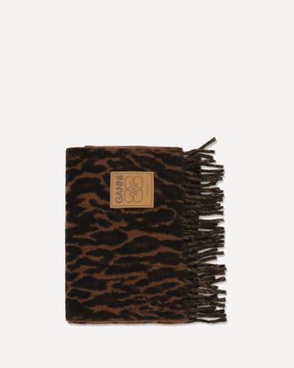 Ganni Sciarpa in lana leopardata con logo e frange Woman UNI