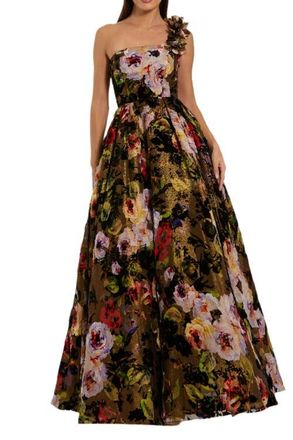 Mac Duggal Multicolor One Shoulder Embossed Organza 3D Flower Gown in Black Multi at Nordstrom, Size 12