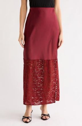 Renee C Lace Trim Satin Maxi Skirt in Burgundy at Nordstrom Rack, Size X-Large