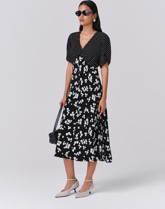 Ghost London Lulu V-neck Midi Dress in Black Spot Floral at Nordstrom, Size 16