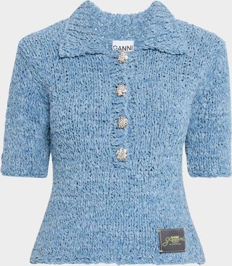 Ganni Hand-Knit Denim Polo Top