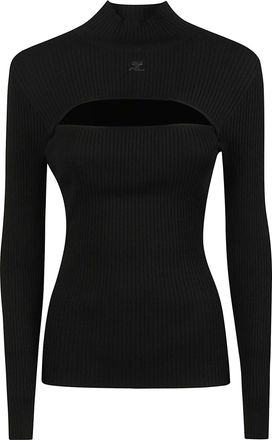Courr&egrave;ges Mock Neck Fitted Ribbed Cut-Out Sweater