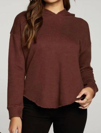 Chaser Linen French Terry Long Sleeve Shirttail Pullover Hoodie In Truffle