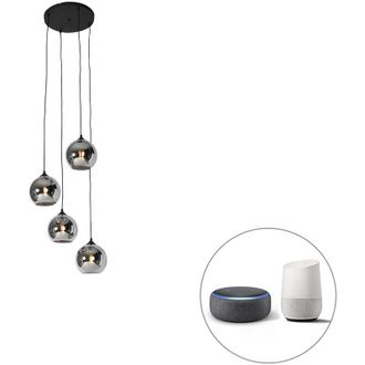 QAZQA Smart Pendant Light Black with Smoke Glass Incl. 4 Wifi A60 - Wallace