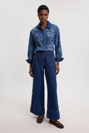 Karen Millen Womens Denim & Jacquard Contrast Wide Leg Jean - Blue Cotton - Size 12 UK