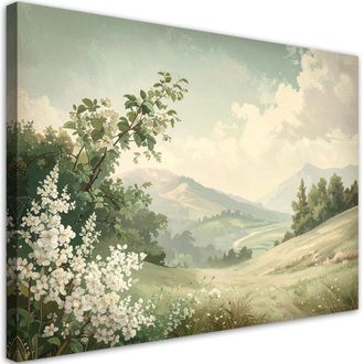Feeby Cuadro Sobre Lienzo, Paisaje De Monta&ntilde;a Pintoresco En Tonos Verde Pastel, 120x80