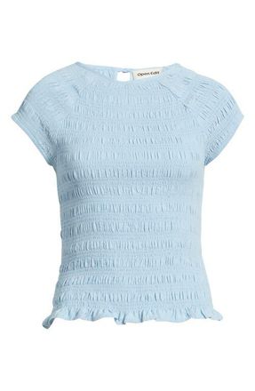Open Edit Cap Sleeve Smocked Top in Blue Cerulean at Nordstrom, Size Xx-Small