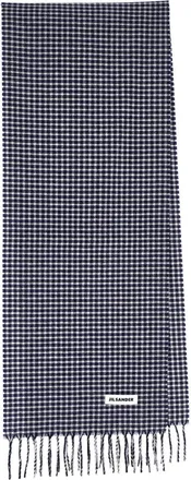 Jil Sander Blue Check Virgin Wool Fringed Scarf