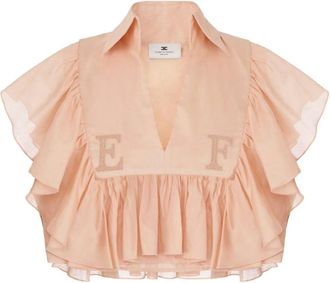 Elisabetta Franchi Overhemden, Dames, Roze, XL, Katoen, Katoenen Voile Blouse met Ruche