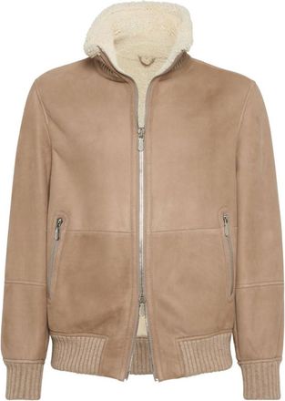 Brunello Cucinelli Beige Leather Bomber Jacket