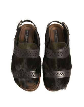 Dolce & Gabbana Mens Green Gazelle Hair Leather Flats Sandals Shoes Calfskin
