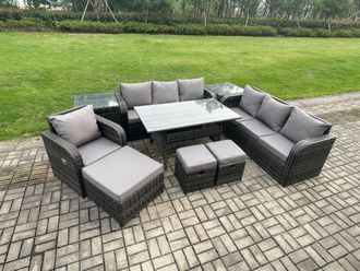 Fimous 10 Seater Outdoor Rattan Garden Furniture Set Oblong Rectangular Dining Table & Chairs Set with 3 Seater Sofa 3PC Footstools 2 Side Tables
