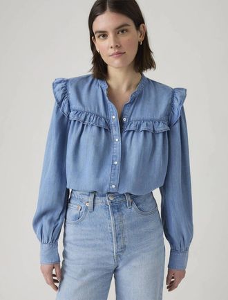Levi's Gianna Top Women Blue Ruffle Trim Standard Fit Long Sleeve Blouse JAX1 8
