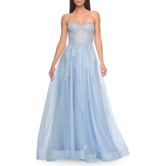 La Femme Gorgeous Lace A-Line Dress with Rhinestone Lace Details in Cloud Blue at Nordstrom, Size 16