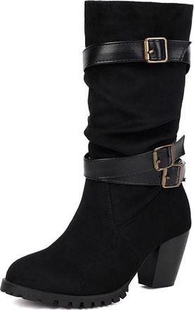 Generic Womens Slouchy Round Toe Faux Leather Knee High Boots Multi Buckle Strap Chunky Heel Boots Stylish Comfortable For Fashion Party Daily,Black Suede,7.5