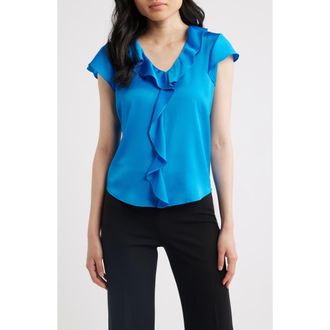 Tahari by ASL Ruffle Flutter Satin Top in Blue Jewel at Nordstrom, Size X-Small