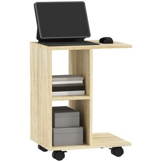 HOMCOM C-Shape End Table Storage Unit W/ 2 Shelves 4 Wheels Home - Natural wood finish | TJ Hughes