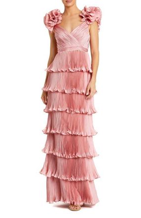 Mac Duggal Pleated Charmeuse Tiered Gown With Ruffle Straps in Rose at Nordstrom, Size 8