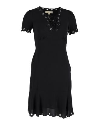 Michael Kors jurk met oogjes en vetersluiting, geschulpte rand, in zwart polyester