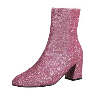 Generic Winter Ladies Large Size Round Toe Sequin Glitter Casual Chunky Heel Low Ankle Short Boots Comfortable Footwear for Women (Red, 6. 5)