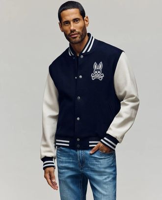 Psycho Bunny Mens Jacob Leather Bomber 410 NAVY / XXL