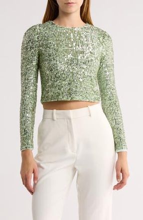 Alice & Olivia Delaina Long Sleeve Sequin Crop Top in Sea Spray at Nordstrom Rack, Size Medium