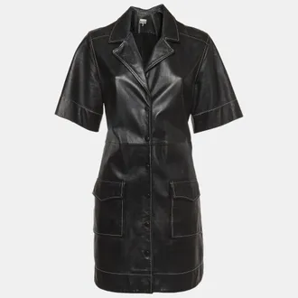 Ganni Ganni Black Leather Short Sleeve Belted Shirt Dress