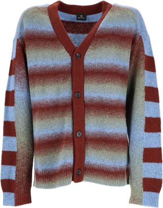 Paul Smith Blue Wool-Blend Horizontal Striped Knit Cardigan