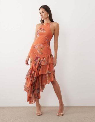 Asos Vestito lungo con spalline sottili e volant sul fondo arancione a fiori-Multicolore