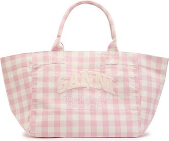 Ganni Vichy Xxl Checked Shopper Canvas Tote - Mauve - One Size