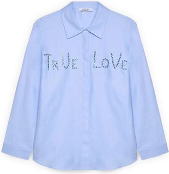 Fiorella Rubino Shirt met strass-opschrift - Dames - Overhemden - Blauw - 3XL - Katoen - Overhemden