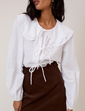 Nobody's Child White Peter Pan Collar Tie Front Blouse