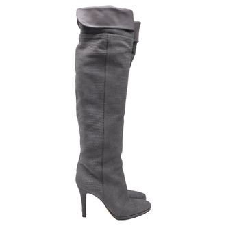 Jimmy Choo London Lizard-Embossed Knee-High Boots in Grey Suede