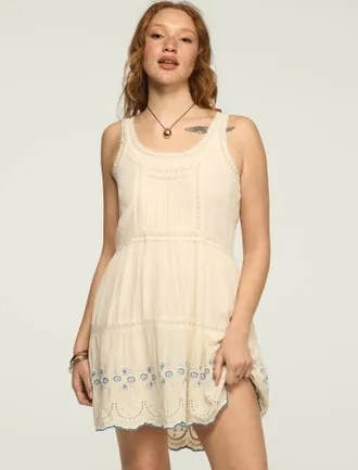 Lucky Brand Womens Easy Lace Trim Embroidered Mini Dress