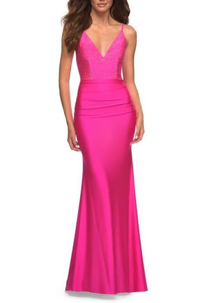 La Femme Neon Jersey Dress with Rhinestone Beaded Top and V Neck in Neon Pink at Nordstrom, Size 00