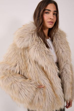 NASTY GAL Womens Faux Fur Collared Cropped Coat - Ecru - Size 12 UK