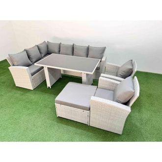 Fimous 9 Seater Wicker Rattan Corner Sofa Sets Outdoor Garden Furniture Sets with Rectangular Dining Table Lounge Sofa Big Footstool Light Grey - Fimous