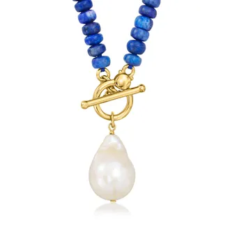 Ross-Simons 13-15mm Cultured Baroque Pearl and 4.5-5mm Lapis Bead Toggle Necklace in 18kt Gold Over Sterling