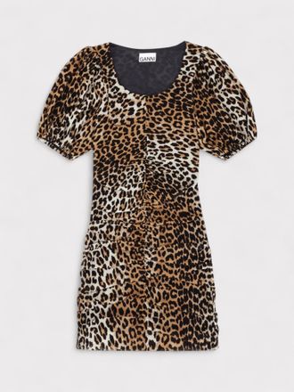 Ganni Womens Ruched Mesh Mini Dress Leopard Print - Size 10 UK