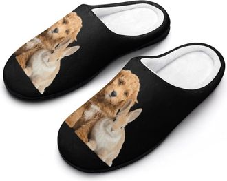 Generic Goldendoodle Puppy And Rabbit Funny Mens Cotton Slippers Soft Non-Slip Rubber Sole House Slipper Indoor Outdoor