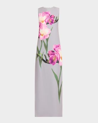 Teri Jon Sleeveless Floral-Print Scuba Column Gown