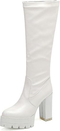 Generic Womens Lug Sole Block Heel Platform Round Toe Knee High Boots Slip On Versatile Winter Dress Shoes (5.5,White)