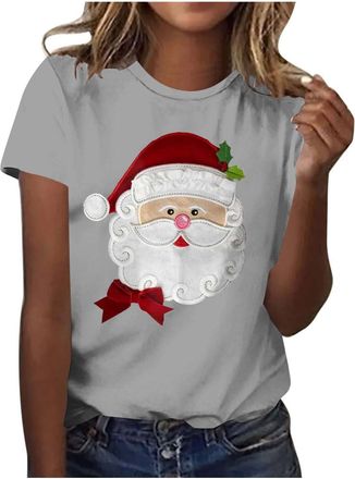 Generic Christmas Tops for Women Xmas Tshirts Cute Santa Claus Graphic Tees Short Sleeve Shirts Round Neck Trendy Casual Blouses Xmas Holiday Pullover Tops St