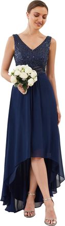Ever-pretty Womens Hi-Low Elegant Empire Waist V Neck Sleeveless Chiffon and Sequin Bridesmaid Dresses Navy Blue 26UK
