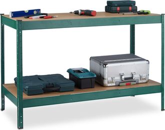 Relaxdays Relaxdays - Mesa De Trabajo, 600 Kg, Banco Taller, 91 X 141 X 61 Cm, 2 Niveles Regulables, Estante De Acero Y Mdf, Verde