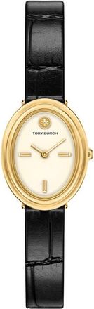 Tory Burch The Oval Leather Strap Watch, 22mm x 28mm in Black/Gold at Nordstrom