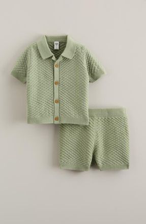 Nordstrom Short Sleeve Knit Button-Up Shirt & Shorts Set in Green Reseda at Nordstrom, Size 18M