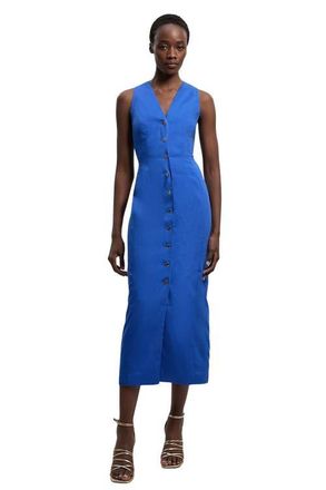 Karen Millen Tailored Linen Corset Back Midi Dress in Cobalt at Nordstrom, Size 12