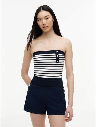 Tommy Hilfiger Womens Tommy Jeans Striped Bandeau Sweater - Navy Blue / Ecru Stripe - L