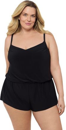Aqua Green Plus Size V-Neck Blouson Slimming Swimsuit Romper with Pockets in Black at Nordstrom, Size 1X